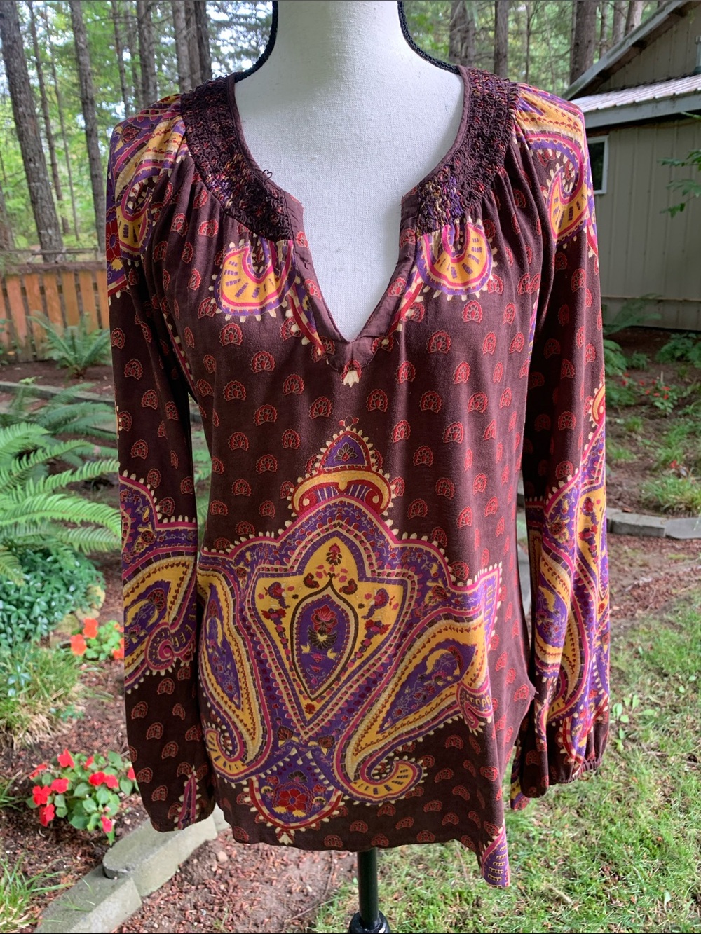 Lucky Brand Vintage  Brown Paisley Tunic with Purple & Gold Accents